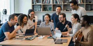 A group of people who are singing karaoke using their laptop