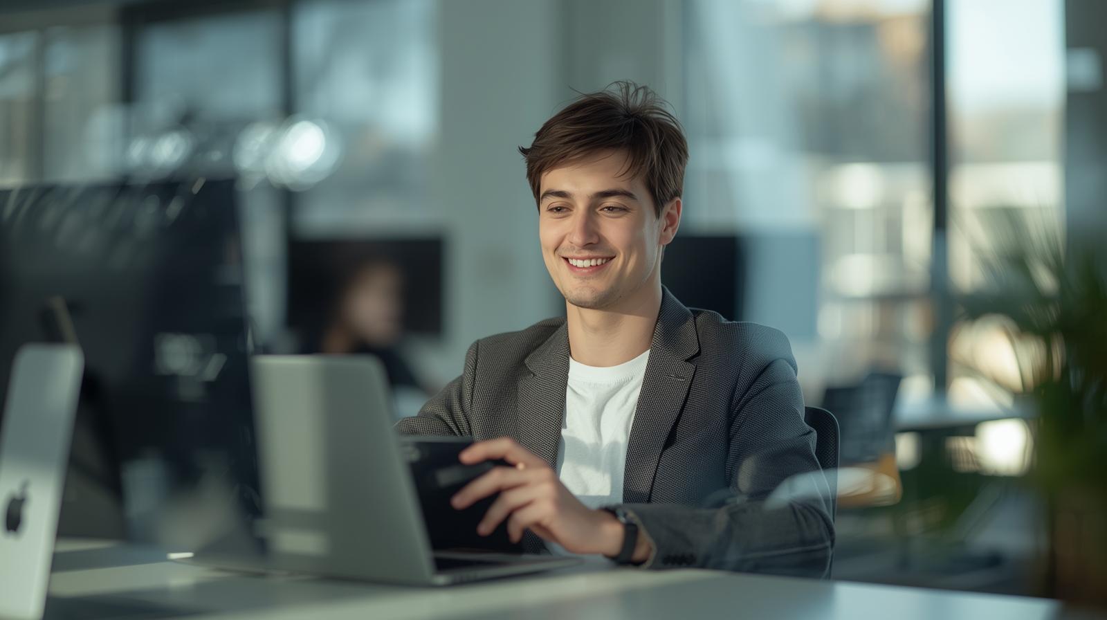 Relaxed professional engaging with secure digital platform in a bright modern workspace environment