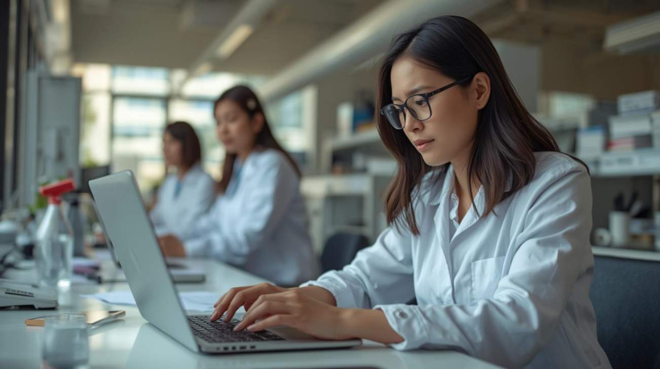 Scientist and translator collaborate using technology to share global research discoveries effectively.